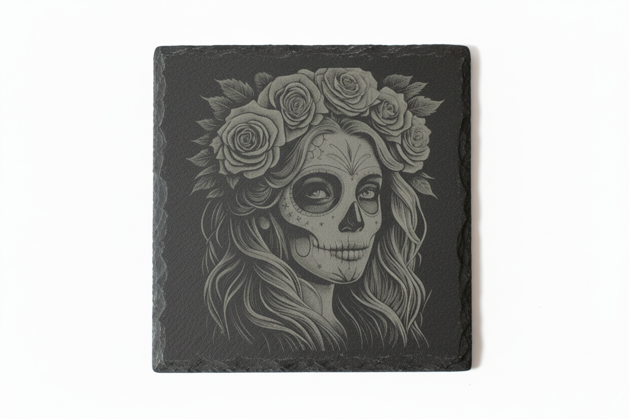 Cropped sugar skull woman coaster