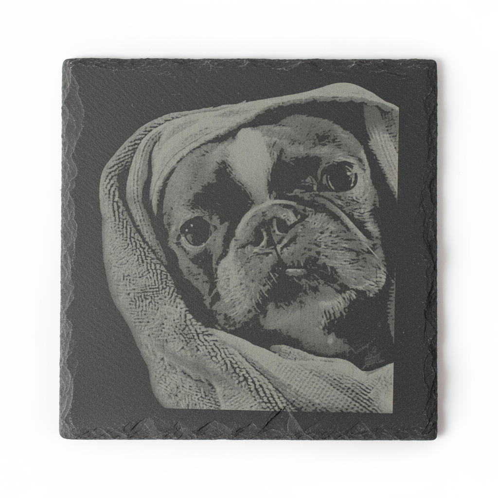 Custom engraved slate coaster with pug in blanket portrait on white background