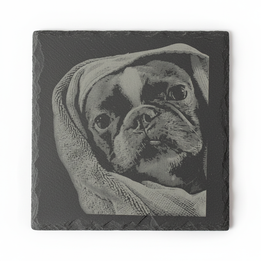 Custom engraved slate coaster with pug in blanket portrait on white background