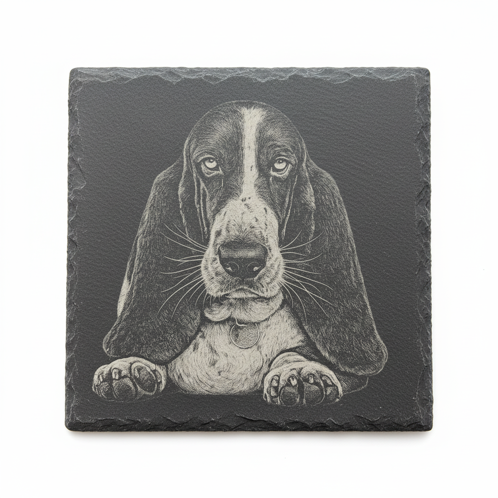 Custom engraved slate coaster with Basset Hound portrait, tight crop on white background