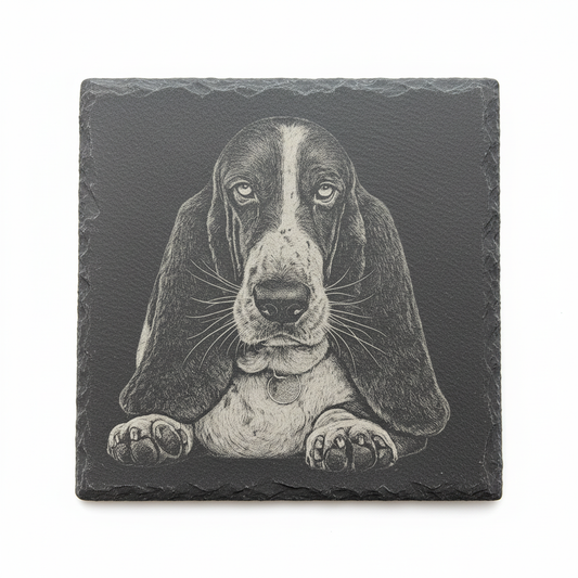 Custom engraved slate coaster with Basset Hound portrait, tight crop on white background