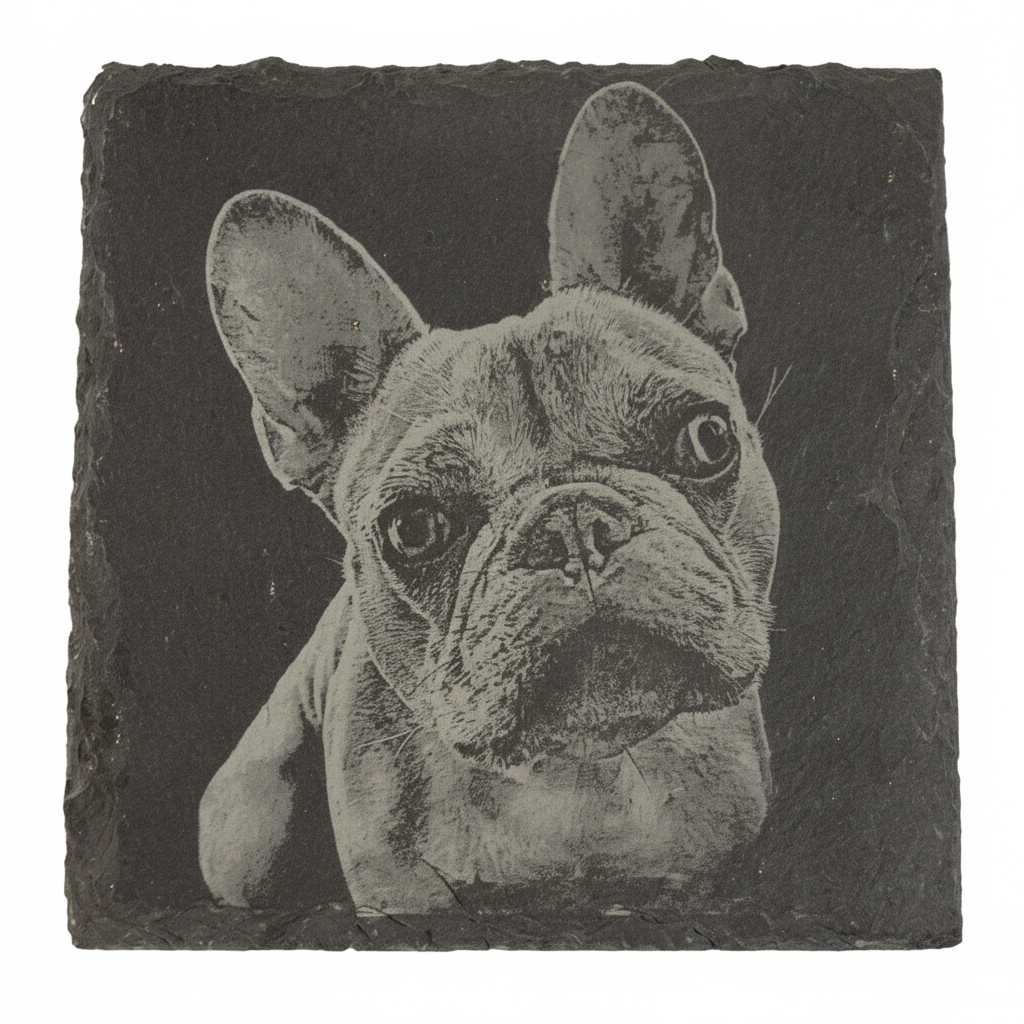Custom engraved slate coaster with French Bulldog portrait, tight crop on white background