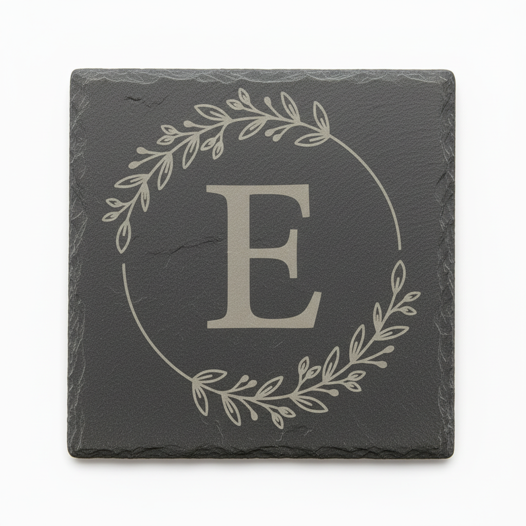 Slate coaster with letter E and botanical wreath